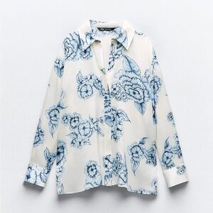 Zara Blue and Cream Floral Satin Blouse